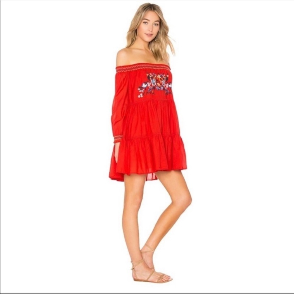 NEW Free People Sunbeam Red Floral Embroidered Off The Shoulder Mini Dress S - Picture 2 of 12